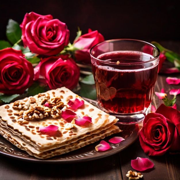 Passoverviering concept Matzah rode kosher wijn walnoot en lente prachtige rozenbloemen