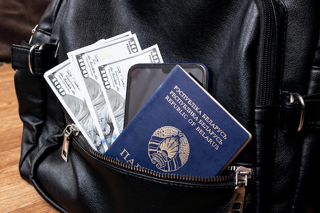 Passport and dollars in the bag closeup