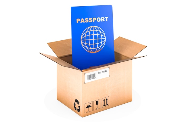 Passport inside cardboard box delivery concept 3D rendering