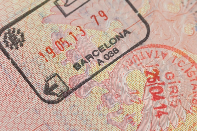 Passport page with border stamps tourism