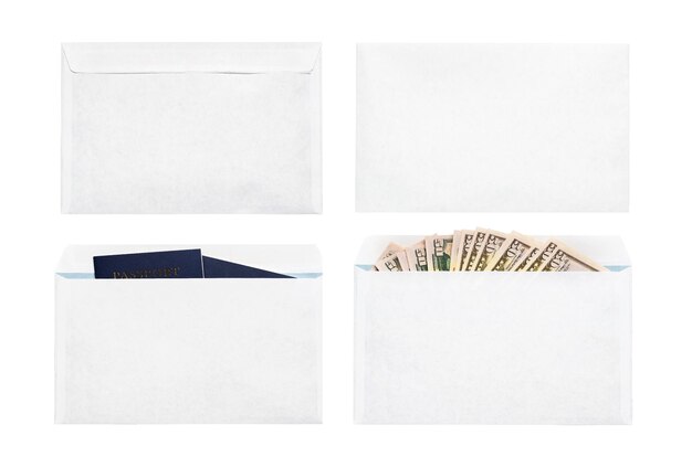 Photo passport spread in a white paper envelope travel concept