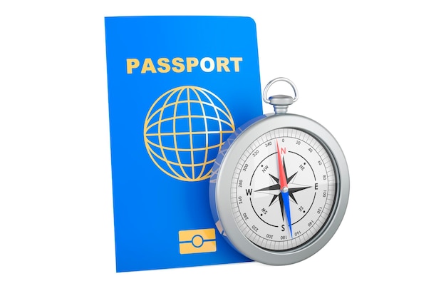 Passport with compass 3D rendering