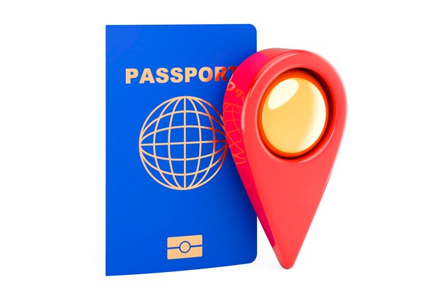 Passport with map pointer 3D rendering