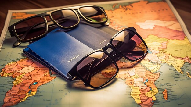 Photo passport with sunglasses and passport on a map background travel concept on the map of europe