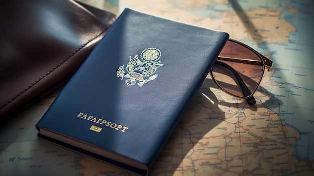 Photo passport with sunglasses and passport on a map background travel concept on the map of europe