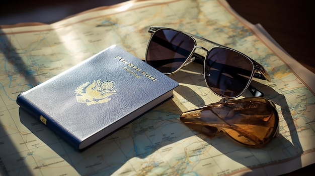 Passport with sunglasses and passport on a map background travel concept on the map of Europe