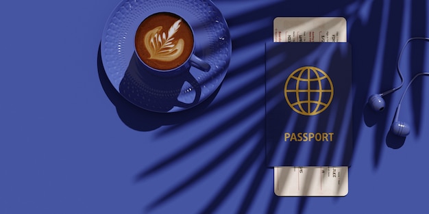 Passport with a ticket and a cup of coffee