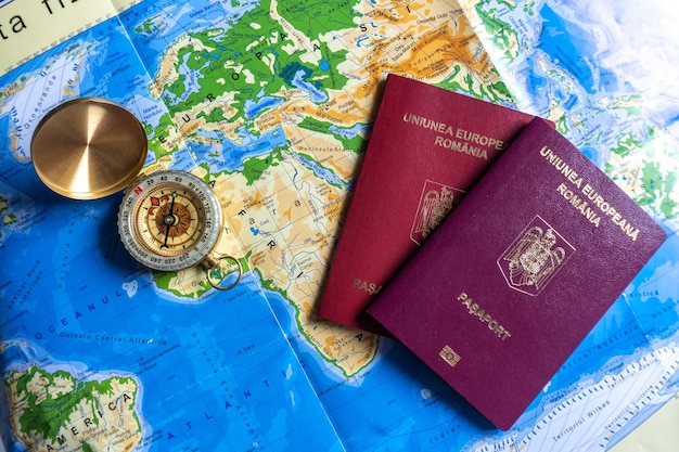 Passports and map for travel Old compass on map