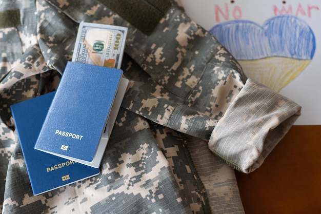 パスポート、お金、ピクセル迷彩の軍服テクスチャ