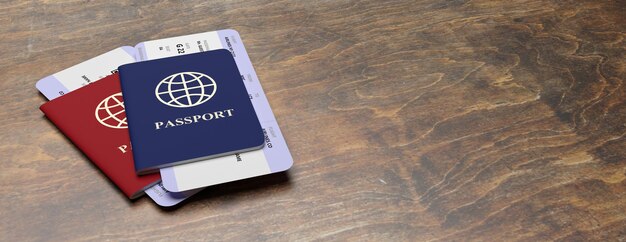 Passports and plane tickets on wood banner copy space 3d\
illustration