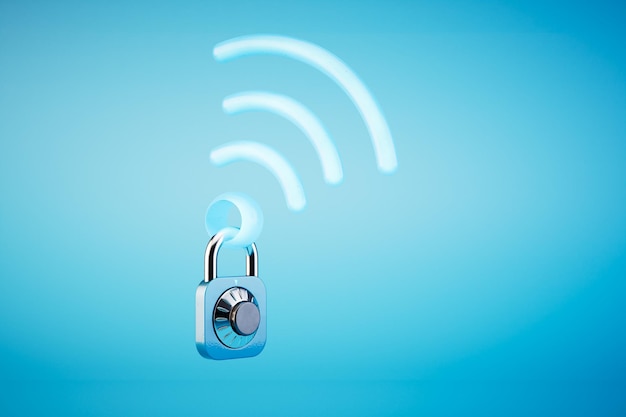 Password from WiFi a WiFi icon on which hangs a combination lock on a blue background 3D render