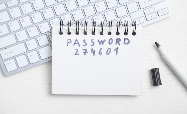 Password message written on notepad in computer keyboard