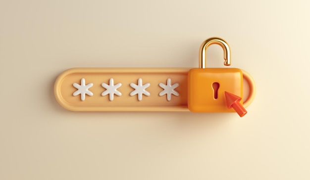 Password secure login access with yellow 3d padlock