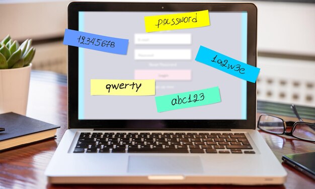 写真 パスワード 弱い 悪い サイバー セキュリティ メモ棒でノート パソコンの画面 パスワード管理
