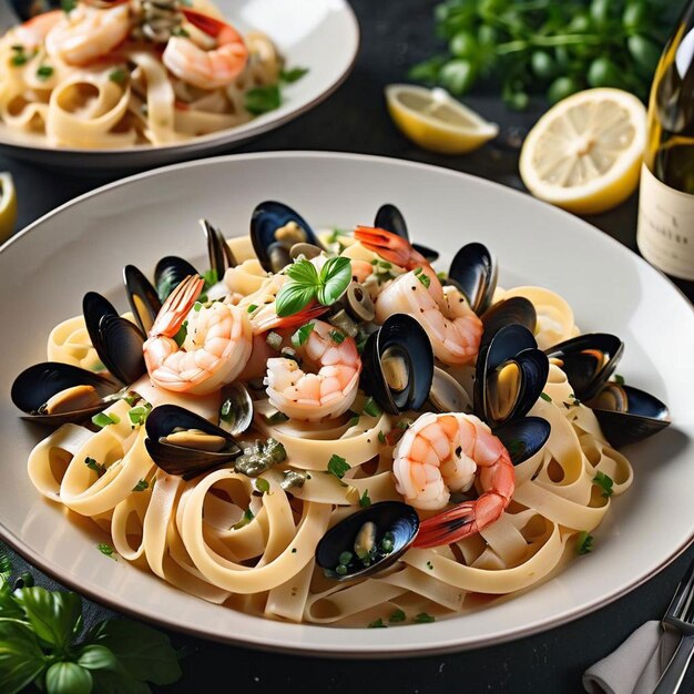 Foto piatto passato fettuccini con conchiglie di gamberetti in aglio e salsa di vino bianco