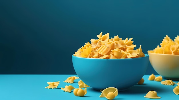 Pasta background Mac and Cheese pasta on a blue background Generative Ai