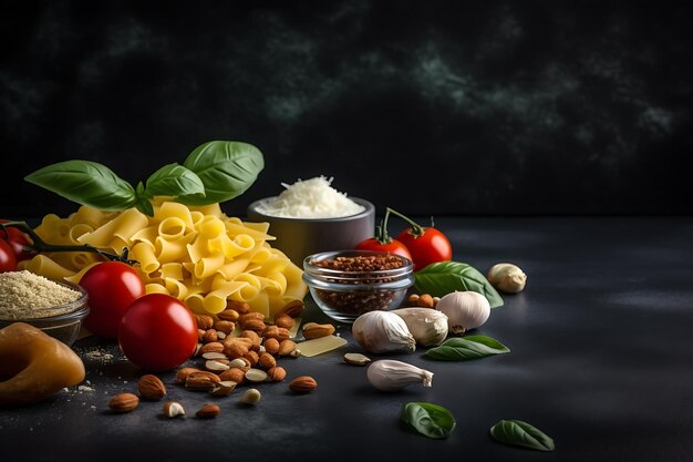 Pasta basil parmesan pesto tomatoes and nuts olive oil Ai Generative