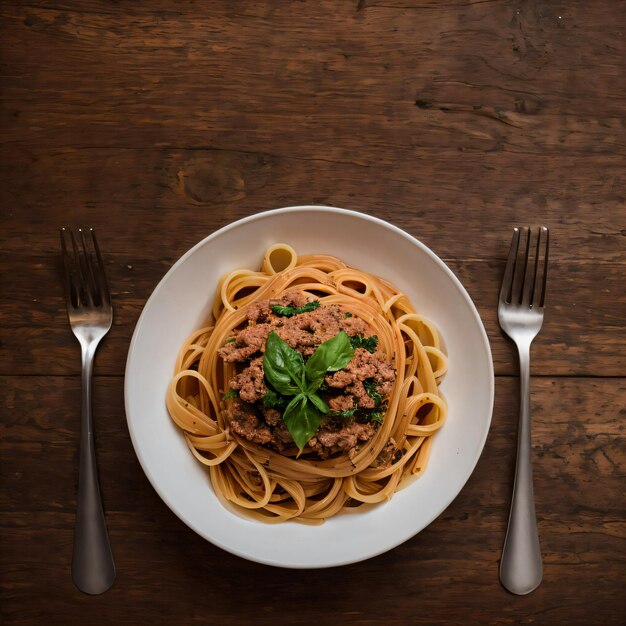 Pasta bolognese dark wood table