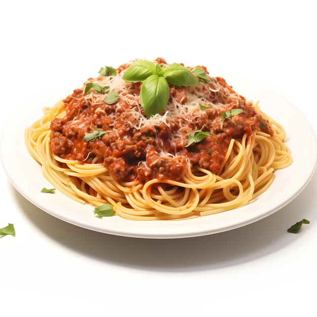 pasta bolognese with basil on a plate on a white background