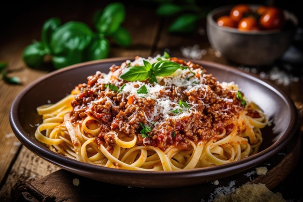 Foto pasta alla bolognese con parmigiano in una ciotola