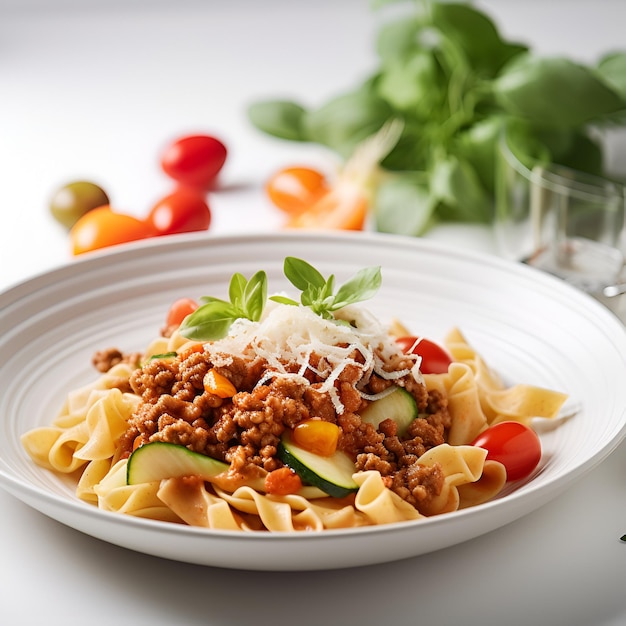 Pasta alla bolognese con salsa di pomodoro su un piatto cucina italiana generata dall'intelligenza artificiale