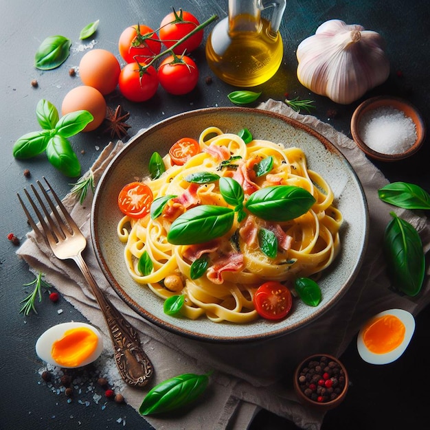 Photo pasta carbanara with basil leaves food art