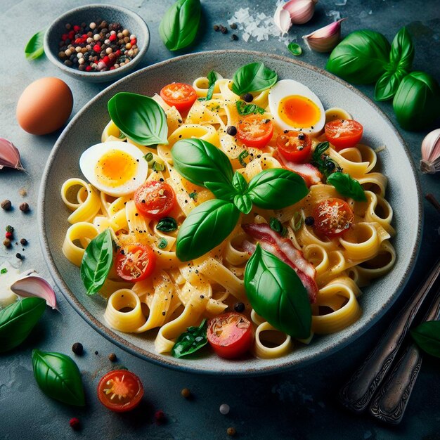 Foto pasta carbanara con foglie di basilico arte alimentare