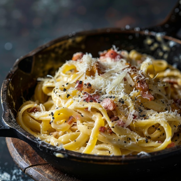 Pasta Carbonara in a Cast Iron Pot Italian Spaghetti Fettuccine Tagliatelle or Alfredo on Black