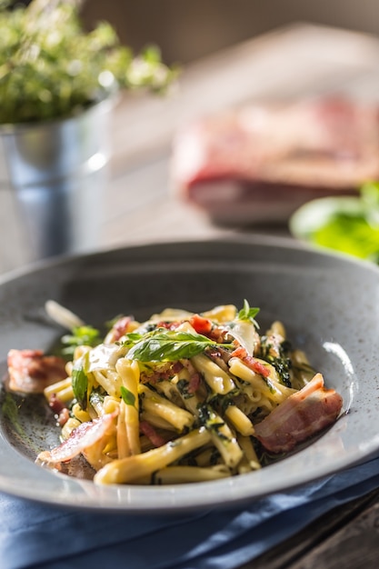 Pasta casarecce met spek pancetta Parmezaanse kaas en kruiden basilicum. Italiaanse of mediterrane keuken.