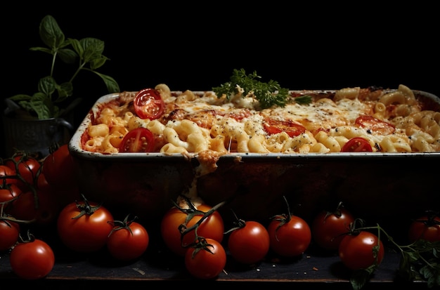 Foto una casseruola di pasta con formaggio a pomodoro ciliegino e erbe in un piatto da forno su uno sfondo scuro