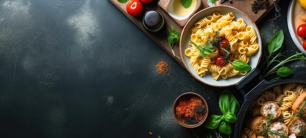 pasta cheese banner free space text mockup fast food top view empty professional phonography