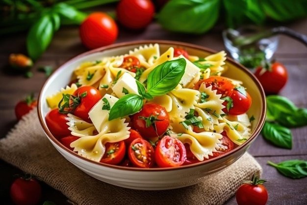 Pasta colored farfalle salad with tomatoes mozzarella and basil Illustration AI GenerativexA