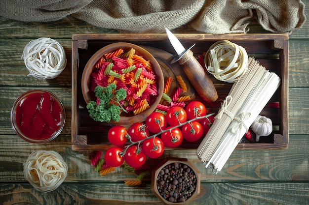 Pasta in composition with vegetables in the kitchen