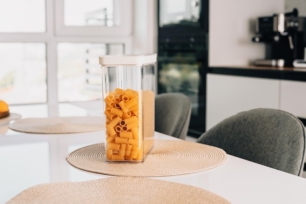 Pasta container on the table Kitchen organization