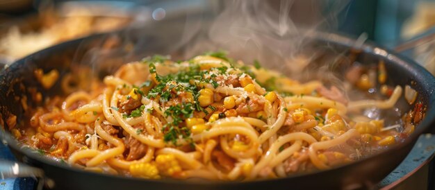 Photo pasta cooked with smoked meat and corn