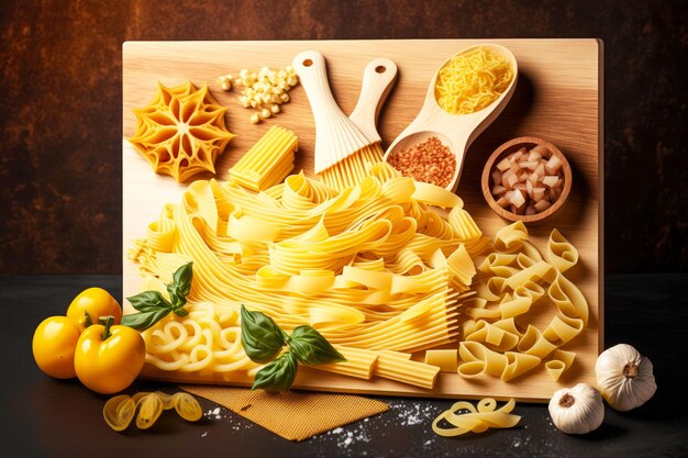 Photo pasta for cooking and sauces dry pasta on wooden board generative ai