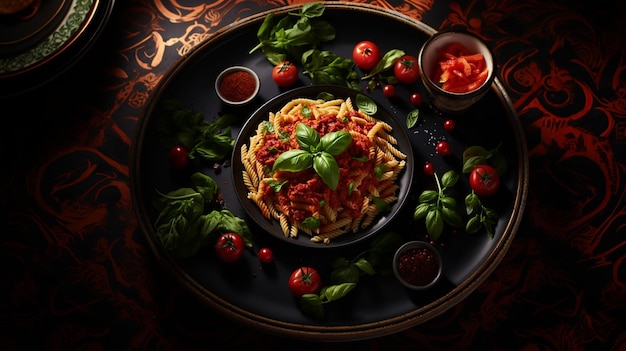 Pasta dish fusilli with tomato and basil