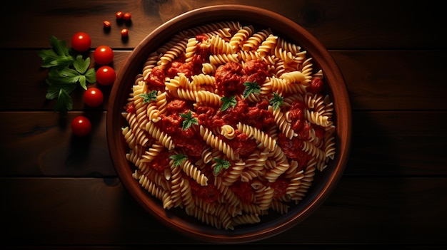 Pasta dish fusilli with tomato and basil