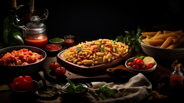 Pasta dish fusilli with tomato and basil