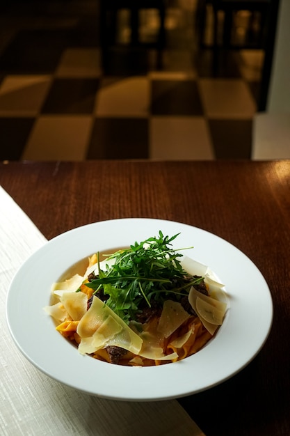 Pasta dish on a restaurant table