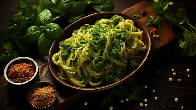 Photo pasta dish with pesto fresh basil dop oil