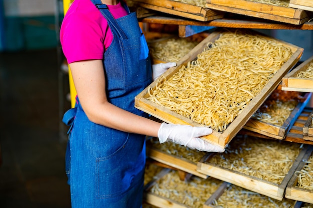 Pasta factory production of pasta krafted macaroni female\
worker with wooden box with pasta selective focus from side