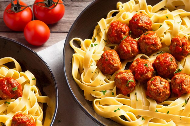 Pasta fettuccine with meatballs sauce in black bowl cinematic background close up top view flat lay space for text