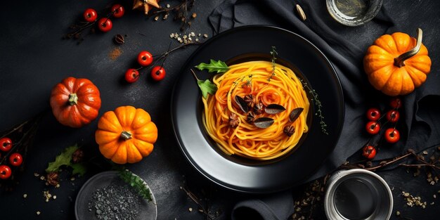 Photo pasta food autumn composition pumpkins background thanksgiving halloween pumpkins