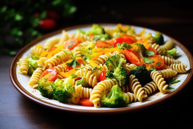 Pasta fusilli met broccoli, wortel, maïs en tomaten