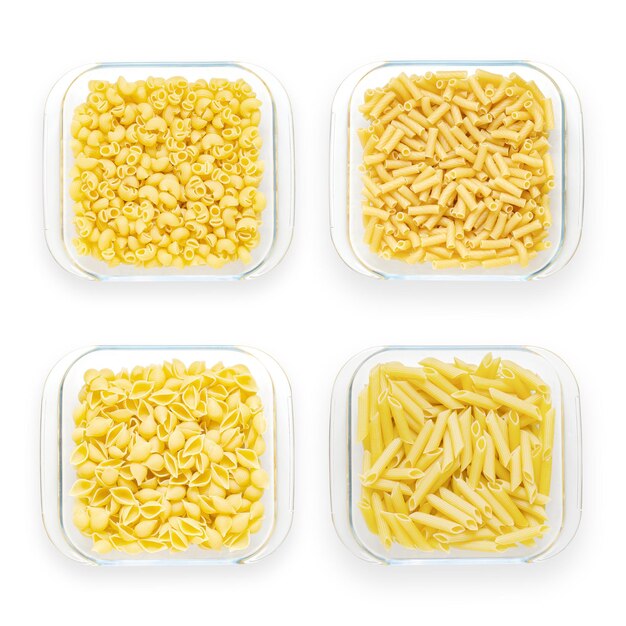 Pasta in glass plates. Isolated on white. Collage.