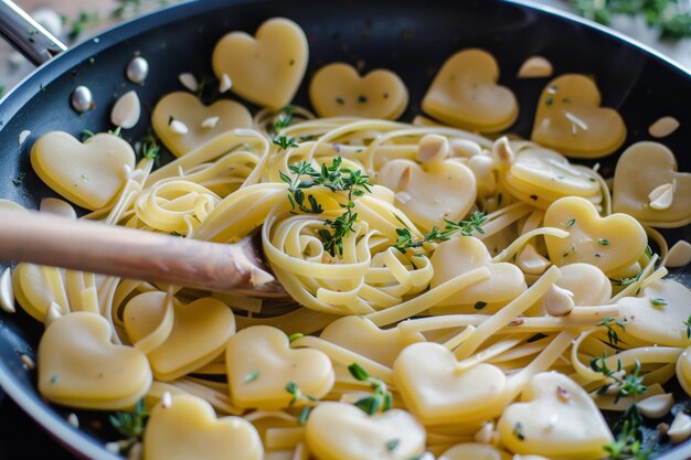 Foto cuori di pasta lanciati in una padella con aglio ed erbe