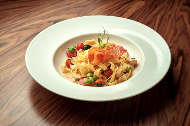 Pasta in kaassaus met zalm in een witte plaat op een houten ondergrond