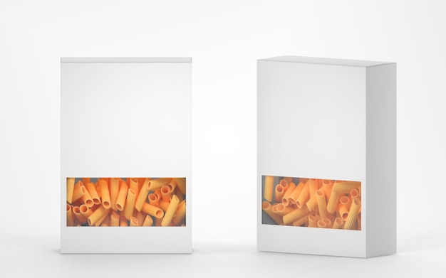 사진 투명한 플라스틱 창 3d 렌더가 있는 흰색 종이 상자에 있는 파스타 마른 펜네 또는 리가토니 마카로니 격리된 모형 패키지 전면 및 각도 보기가 있는 빈 포장 세트