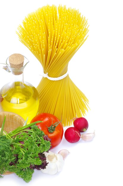 Pasta ingredients isolated on white background